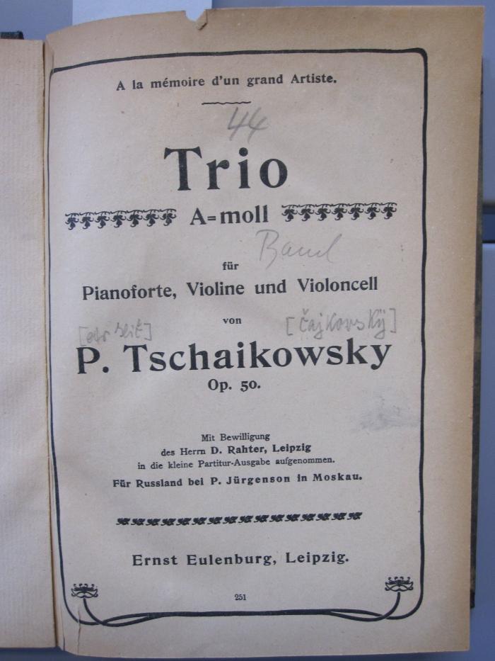 No 193 Tscha1b: Trio a-Moll für Pianoforte, Violine und Violoncell op. 50 / von P. Tschaikowsky