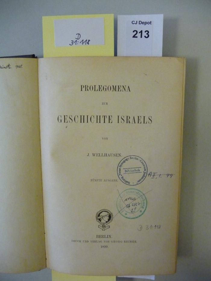 D 31 118: Prolegomena zur Geschichte Israels  (1899)