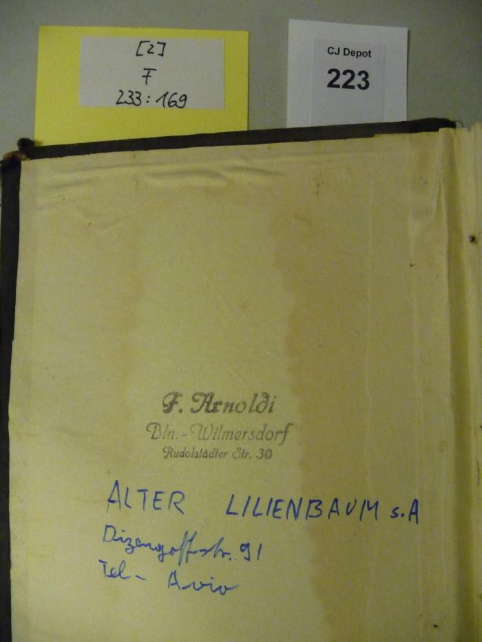 - (Lilienbaum, Alter), Von Hand: Notiz; 'Alter Lilienbaum s.A.
Dizengoffstr. 91
Tel-Aviv'. 