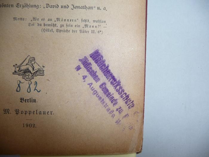 - (Mädchenvolksschule der Jüdischen Gemeinde Berlin), Stempel: -; 'Mädchenvolksschule der Jüdischen Gemeinde zu Berlin
N4, Auguststraße 11/13'. 