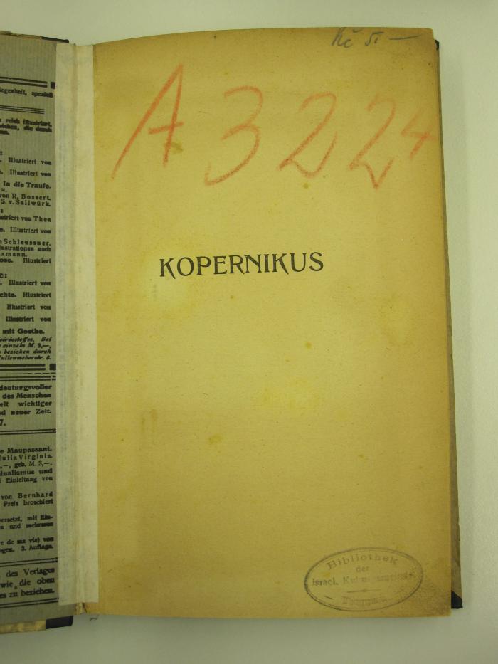 Kb 177 b: Kopernikus und das neue Weltsystem (o.J.);G46 / 1886 (Israelitische Kultusgemeinde Troppau), Von Hand: Signatur; 'A 3224'. ;G46 / 1886, Von Hand: Preis; 'Kč 5.-'