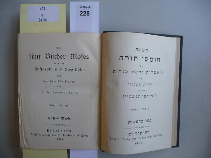 F 21 06 [1]: Die fünf Bücher Moses : nebst den Haftaroth und Megilloth. Erstes Buch. Sefer be-reshit. (1904)