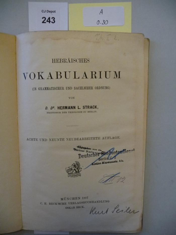 A 0 30: Hebräisches Vokabularium : (in grammatischer und sachlicher Ordnung)  (1907)