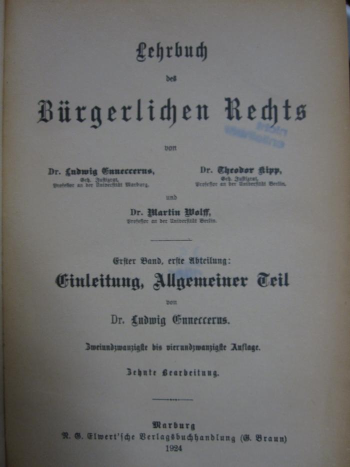 Ec 31 bd 1,1: Einleitung, Allgemeiner Teil (1924)