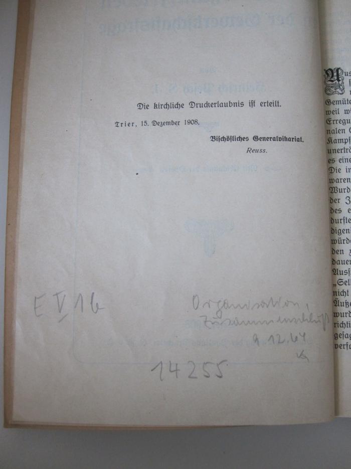 MB 14255: Ein Wort zum Frieden in der Gewerkschaftsfrage (1908);- (Franz-Mehring-Bibliothek;Ratsbibliothek (Berlin, Ost)), Von Hand: Signatur, Datum, Notiz; 'E V 1 b
Organisation,
Zusammenschluß
9.12.64
[..]'. 