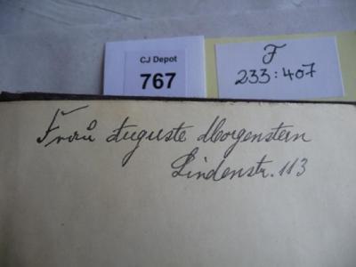 - (Morgenstern, Auguste geb. Brandt), Von Hand: Autogramm; ' Frau Auguste Morgenstern Lindenstr. 113'. 