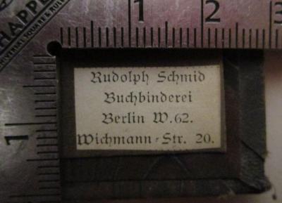  Die Memoiren der Glückel von Hameln (1910);- (Buchbinderei Rudolph Schmid (Berlin)), Etikett: Buchbinder, Name, Berufsangabe/Titel/Branche, Ortsangabe; 'Rudolph Schmid
Buchbinderei
Berlin W.62.
Wichmann Str. 20.'.  (Prototyp)