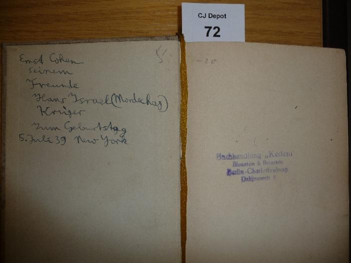 - (Buchhandlung "Kedem"), Stempel: -; 'Buchhandlung "Kedem"
Blumstein & Bronstein
Berlin-Charlottenburg
Dahlmannstr. 8'. 