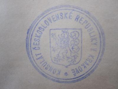 Slovník anglicko-ceský : a dictionary of the English and Bohemian languages (o.J.);- (Tschechoslowakei. Konsulat (Krakau)), Stempel: Name, Wappen, Ortsangabe, Berufsangabe/Titel/Branche; 'Konsulat Ceskoslovenské Republiky Krakove'.  (Prototyp)