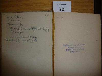- (Buchhandlung "Kedem"), Stempel: -; 'Buchhandlung "Kedem"
Blumstein & Bronstein
Berlin-Charlottenburg
Dahlmannstr. 8'. 