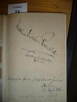 - (Schneeberg, Gerhard Herzl;Rosenthal, Dr. phil. Arthur), Von Hand: Widmung; 'le-talmido Gerhard Herzl Schneeberg'. 