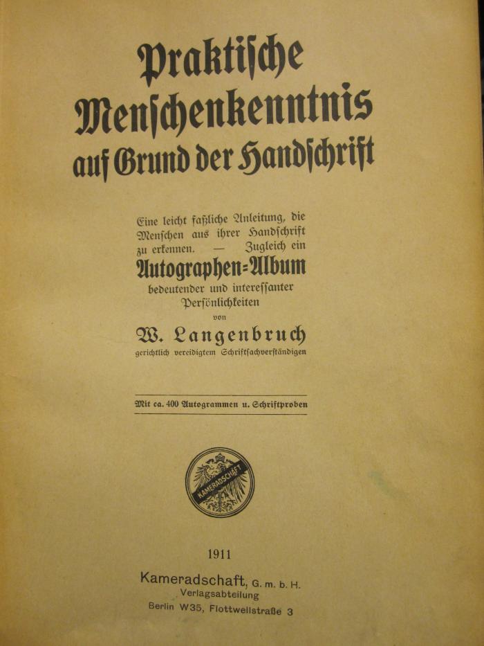 XIV 949 2. Ex: Praktische Menschenkenntnis auf Grund der Handschrift. (1911)