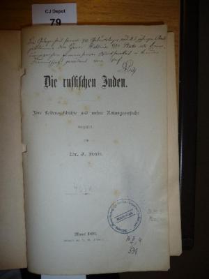 - (Plato, Hirsch), Von Hand: Widmung; 'Bei Gelegenheit seiner 70 Geburtstages und 25jährigen Amtsjubiläums dem Herrn Rabbiner Dr. Plato als Erinnerungszeichen gemeinsamer Wirksamkeit in treuer Freundschaft gewidmet vom Verf.
Dr. Rülf'. 