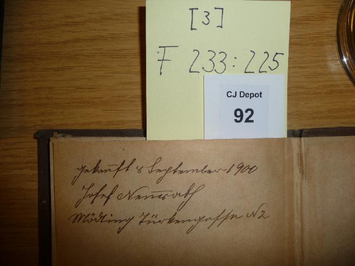 - (Neuwolf, Josef), Von Hand: Notiz; 'gekauft 8 September 1900
Josef Neuwolf
Mödling Türkengasse N2'. 