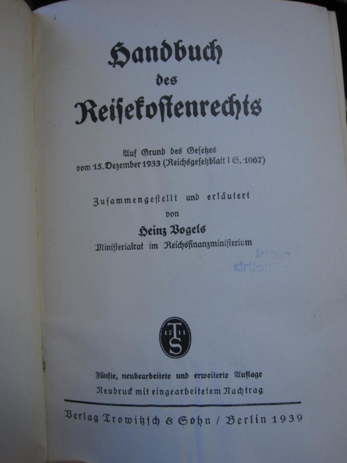 Ei 881 e 1939: Handbuch des Reisekostenrechts (1939)