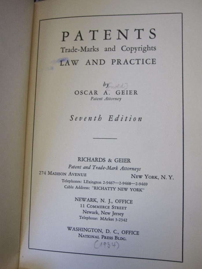 Em 205 g: Patents, Trade Marks and Copyrights : law and practice ([1934])