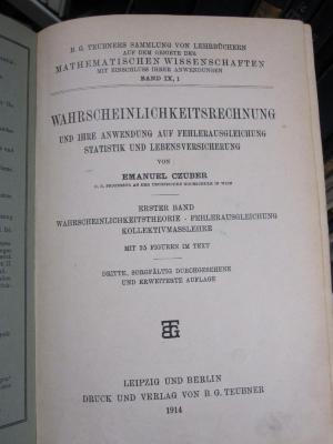 Ic 62 c 1: Wahrscheinlichkeitstheorie, Fehlerausgleichung, Kollektivmasslehre (1914)