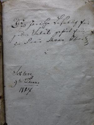 - (Ibritz, Ahron), Von Hand: Notiz; 'Das Ibräische Lesebuch für jeden Sabat gehört ...
die Frau Ahon Ibritz
Schlawe
9ter Februar
1827'. 
