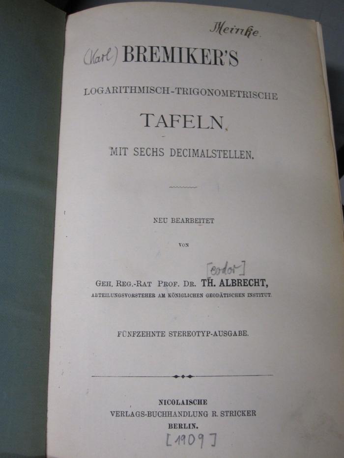 Ia 86 ae: Logarithmisch-trigonometrische Tafeln mit sechs Decimalstellen ([1909])