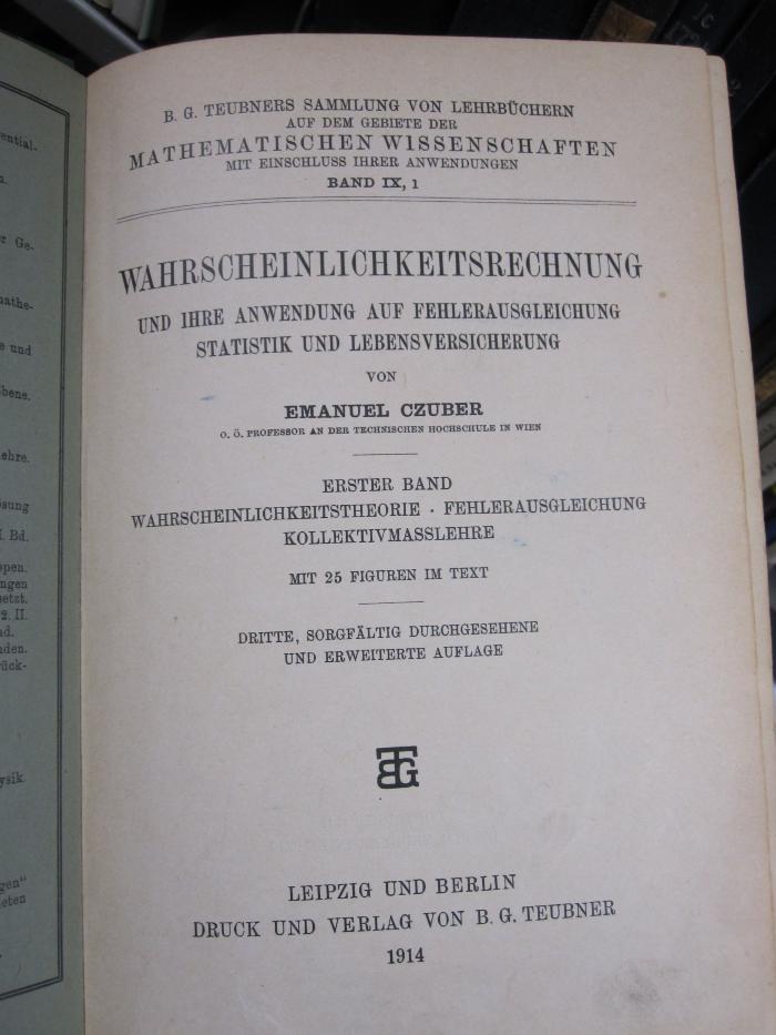 Ic 62 c 1: Wahrscheinlichkeitstheorie, Fehlerausgleichung, Kollektivmasslehre (1914)