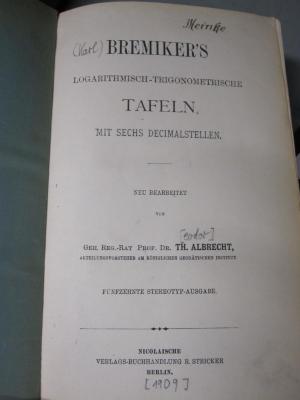 Ia 86 ae: Logarithmisch-trigonometrische Tafeln mit sechs Decimalstellen ([1909])