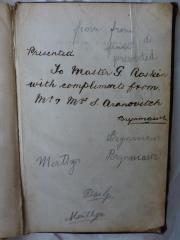 - (Roskin, G.;Aronovitch, S.), Von Hand: Widmung; 'Presented to Master G. Roskin with compliments from Mr.  Mrs. S. Aronovitch, Brynmawr'. 