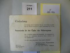 - (Jacobus, Betty), Post: -; 'Herrn Josef Weissenberg u Frau
Betty Jacobus
Berlin Reinikendorf Ost
Seestr. 7 b
Einladung der Vereinigung ehem. Theresienstädter und Hinterbliebene e.V. zur Feierstunde für die Opfer des Hitlerregimes, 9.9.1952
'. 