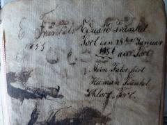 - (Fränkel, Eduard;Fränkel, Heiman), Von Hand: Notiz; 'E. Fränkel. Eduard Fränkel-
1855 Tost den 28ten Januar 1856 aus Tost.
Mein Fater heist Heiman Fränkel.
Schloss Tost'. 