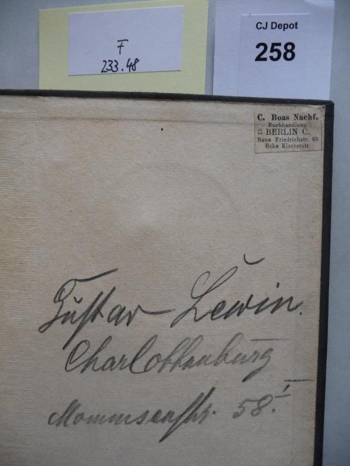- (Lewin, Gustav), Von Hand: Autogramm; 'Gustav Lewin
Charlottenburg
Mommsenstr. 58 I'. 