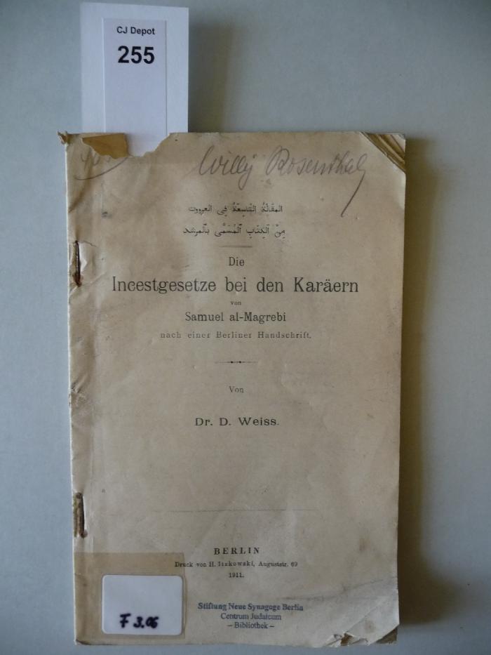 F 3 06: Die Incestgesetze bei den Karäern. Von Samuel al-Magrebi, nach einer Berliner Handschrift  (1911)