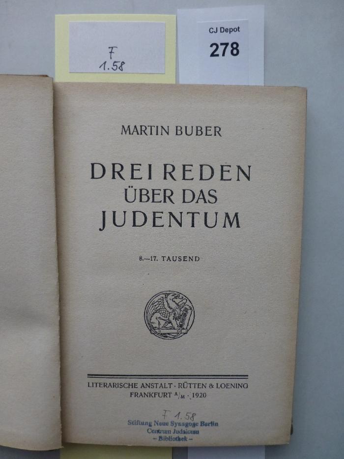F 1 58: Drei Reden über das Judentum (1920)