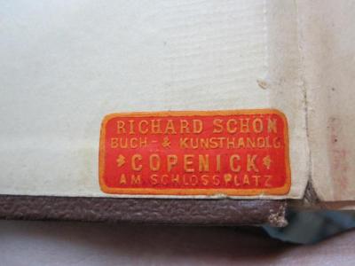 G46 / 3518 (Buch- und Kunsthandlung Richard Schön (Köpenick)), Etikett: Buchhändler, Name, Ortsangabe; 'Richard Schön
Buch- & Kunsthandlg.
*Cöpenick*
am Schlossplatz'.  (Prototyp);Hp 46 g: Psychologische Skizzen zur Einführung in die Psychologie (1905)