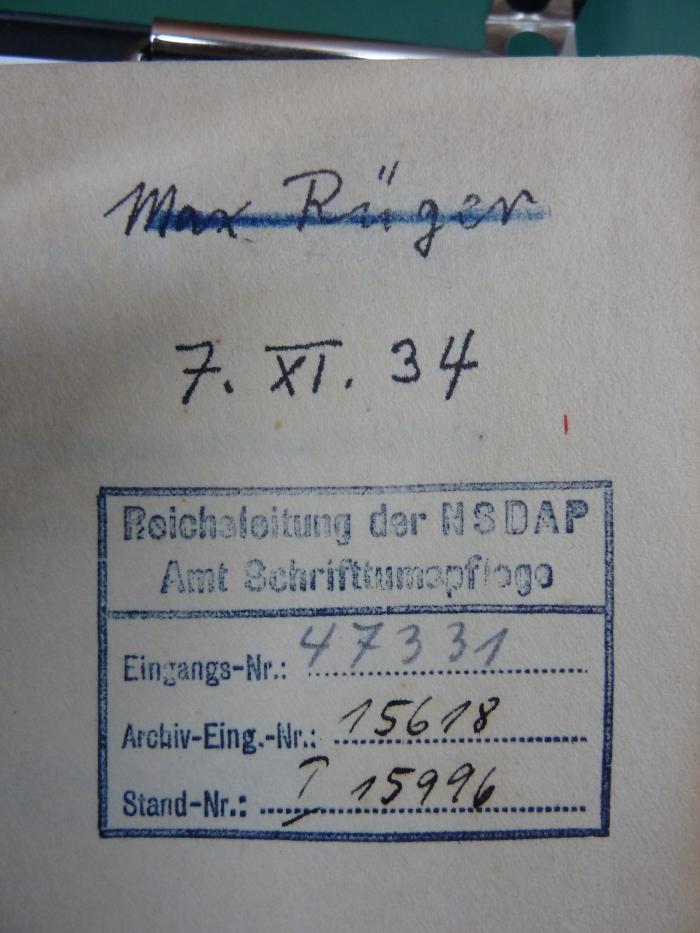 Fb 773: Frankreich (1932);G46 / 3125 (Rüger, Max), Von Hand: Autogramm, Name, Datum; 'Max Rüger
7. XI. 34'. 