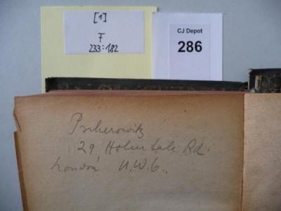 - (Pscherowitz, [?]), Von Hand: Autogramm; 'Pscherowitz
29, Holmtale Rd.
London U.W.6.'. 