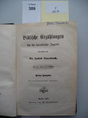 F 235 14: Biblische Erzählungen für die israelitische Jugend : mit einer Karte von Palästina. Kleine Ausgabe (1933)