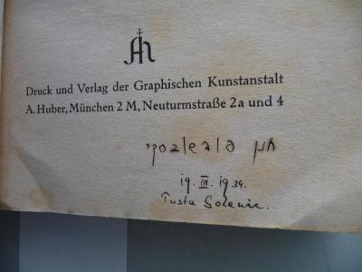 - (Podshovski, Chanan), Von Hand: Autogramm; 'Chanan Podshovski[?]
19.III.1934
Tusla Golenic[?]'. 