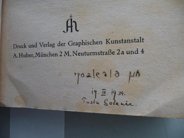 - (Podshovski, Chanan), Von Hand: Autogramm; 'Chanan Podshovski[?]
19.III.1934
Tusla Golenic[?]'. 