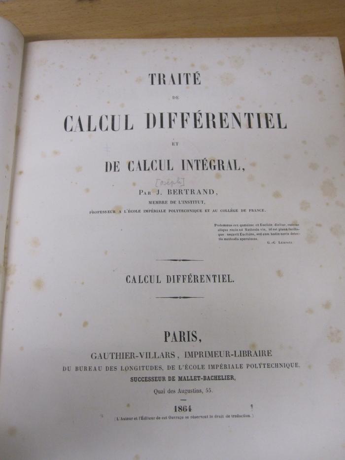 Ic 196 1 x: Traité de Calcul Différentiel et de Calcul Intégral (1864)