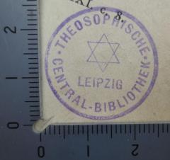 G46 / 3675 (Theosophische Gesellschaft in Leipzig), Stempel: Name, Ortsangabe, Abbildung; 'Theosophische Central-Bibliothek Leipzig'.  (Prototyp)