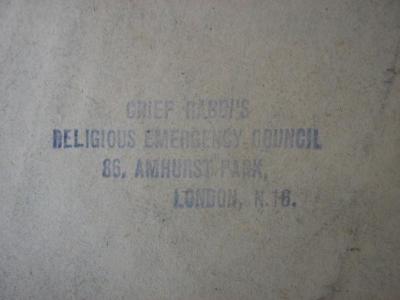 - (Chief Rabbi's Religious Emergency Council), Stempel: -; 'Chief Rabbi´s Religious Emergency Council 
86. Amhurst Park,
London, N.16.
'. 