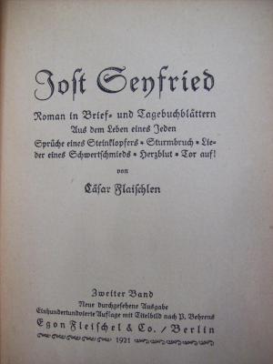 III 28965 2, 3. Ex.: Jost Seyfried: ein Roman in Brief- und Tagebuchblättern (1921)