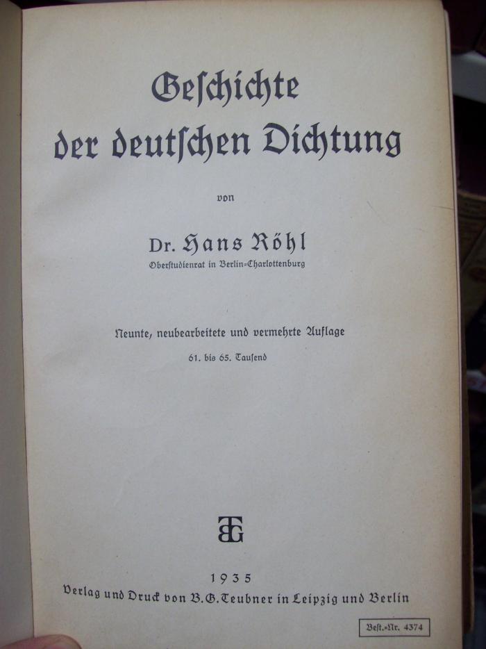 III 1925 i: Geschichte der deutschen Dichtung (1935)