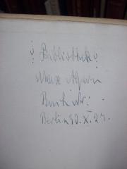 G45 / 2464 (Alpern, Max), Von Hand: Autogramm, Name, Ortsangabe, Datum; ': Bibliothek : 
Max Alpern
Buch Nr.:
Berlin 30.X.27.'. 