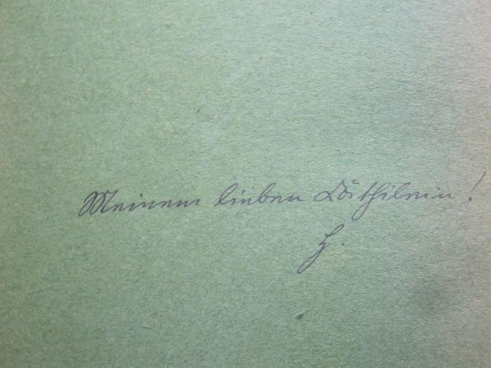 II 14253 c 2.Ex.: Im Dämmer des Rimba : Sumatras Urwald und Urmensch (1925);G46 / 4270 ([?], H.;[?], Dörthe), Von Hand: Name, Initiale, Widmung; 'Meinem lieben Dörthilein!
H.'. 
