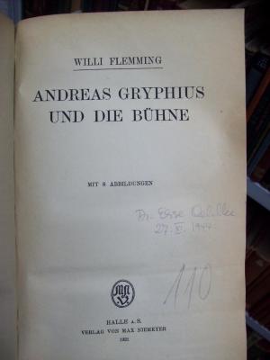 III 7378 2. Ex: Andreas Gryphius und die Bühne (1921)