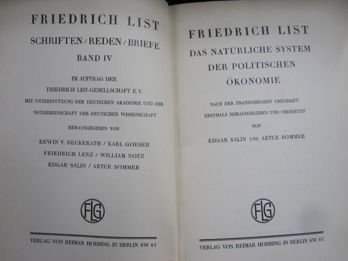 VII 180 4, 2.Ex: Friedrich List: Das Natürliche System der Politischen Ökonomie