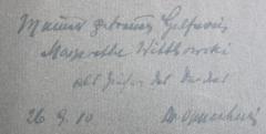 - (Oppenheimer, Franz;Wittkowski, Margarethe), Von Hand: Widmung, Name, Datum; 'Meiner getreuen Helferin Margarethe Wittkowski als Zeichen des Dankes
26.9.10
Dr. Oppenheimer
'. 