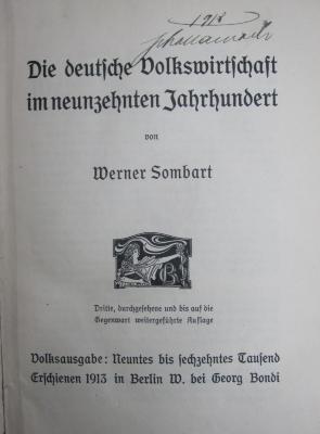 VII 38 c: Die deutsche Volkswirtschaft im neunzehnten Jahrhundert (1913)