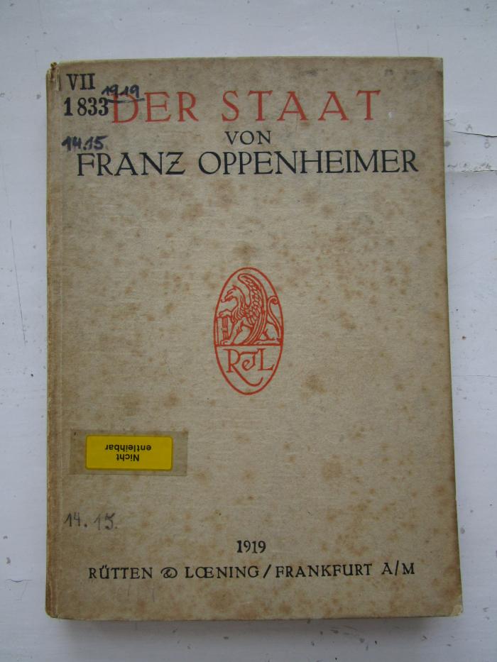 VII 1833 1919, 14. 15., 3.Ex.: Die Gesellschaft: Der Staat (1919)