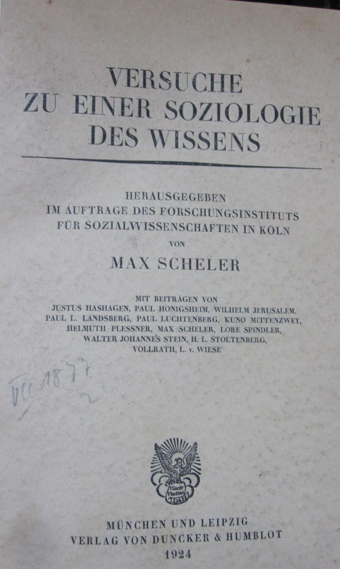 VII 1877 3.Ex.: Versuche zu einer Soziologie des Wissens (1924)